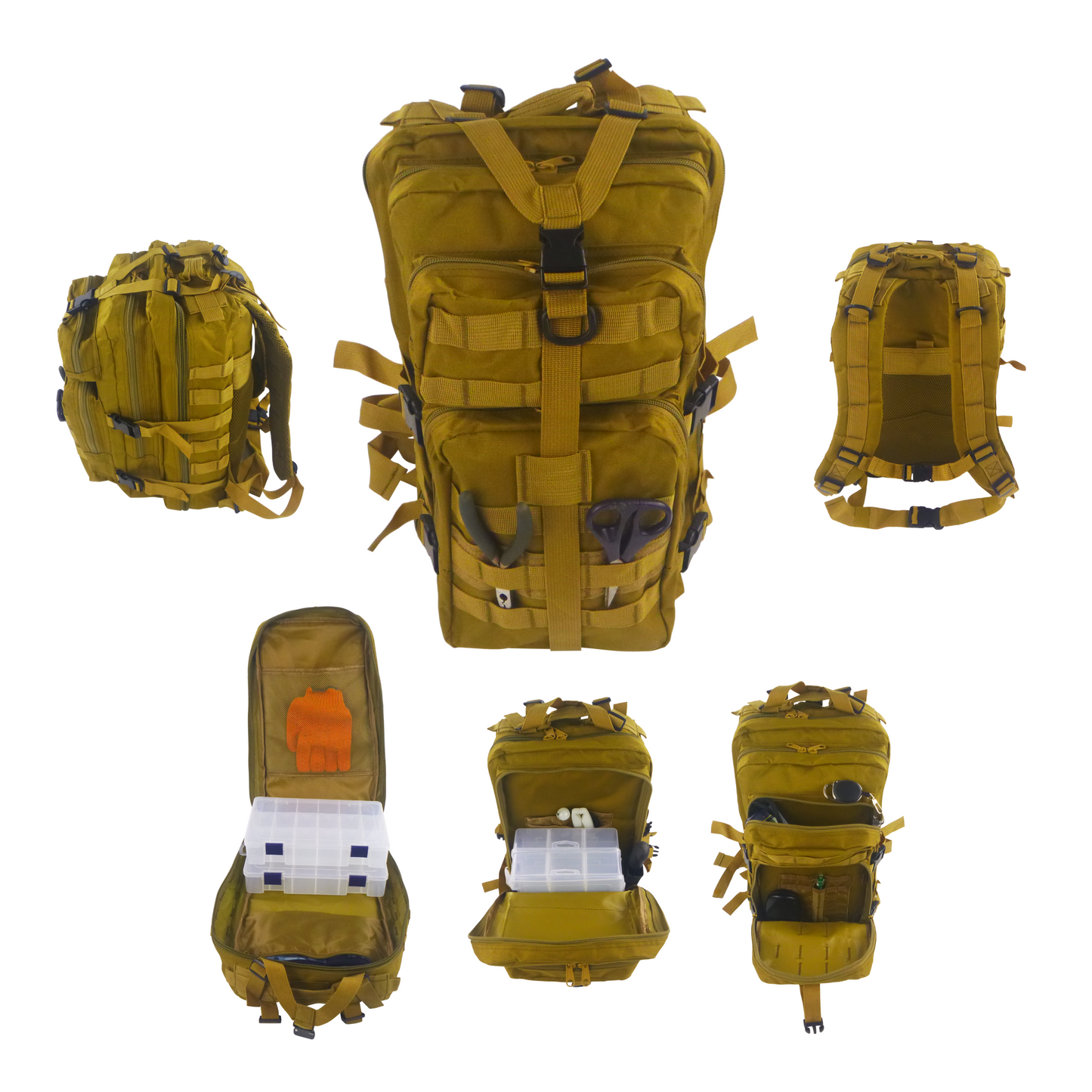 Tan tactical backpack shown in multiple views with straps and small pouch compartments.