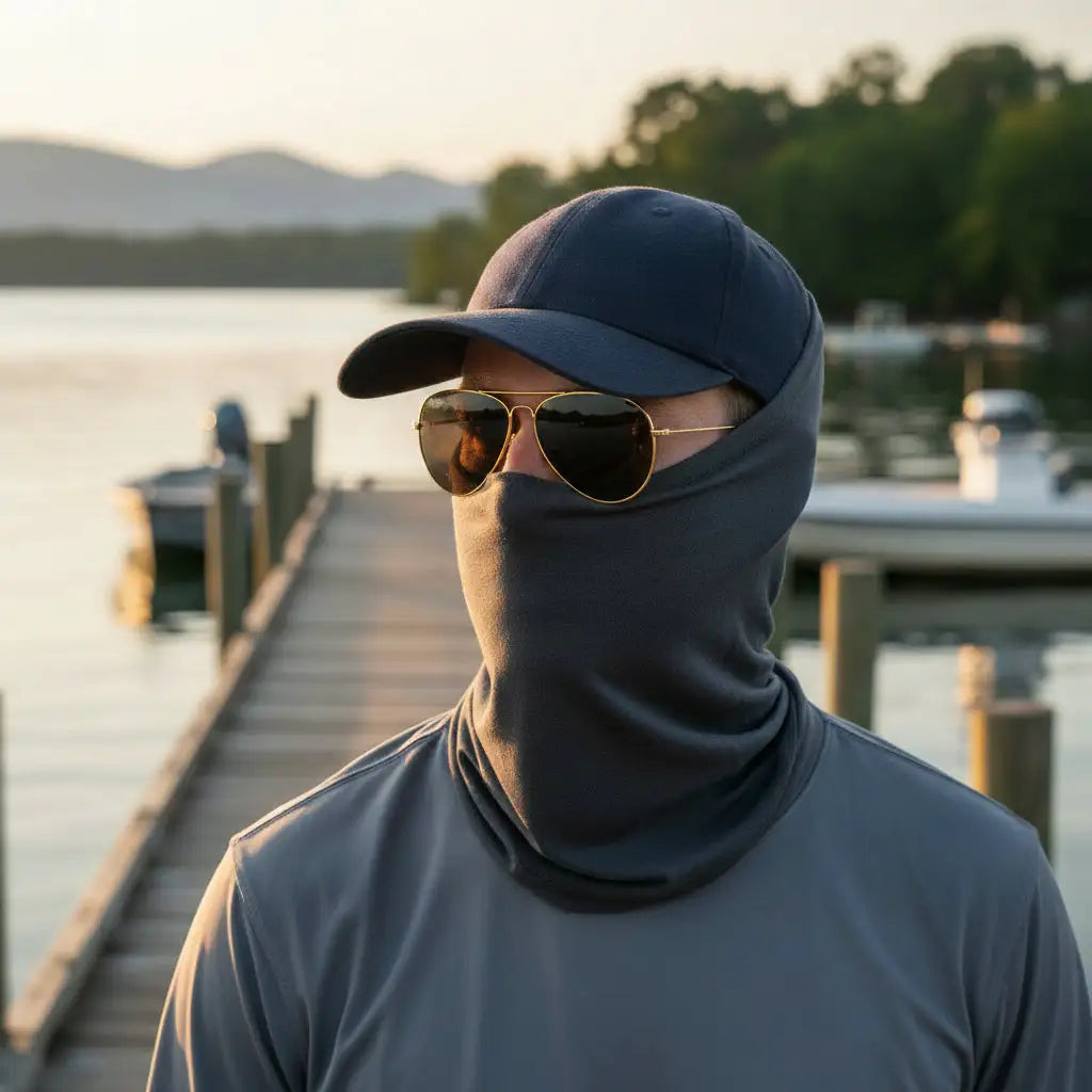 Charcoal face-covering head sock under baseball cap, with neck drape and eye cutout