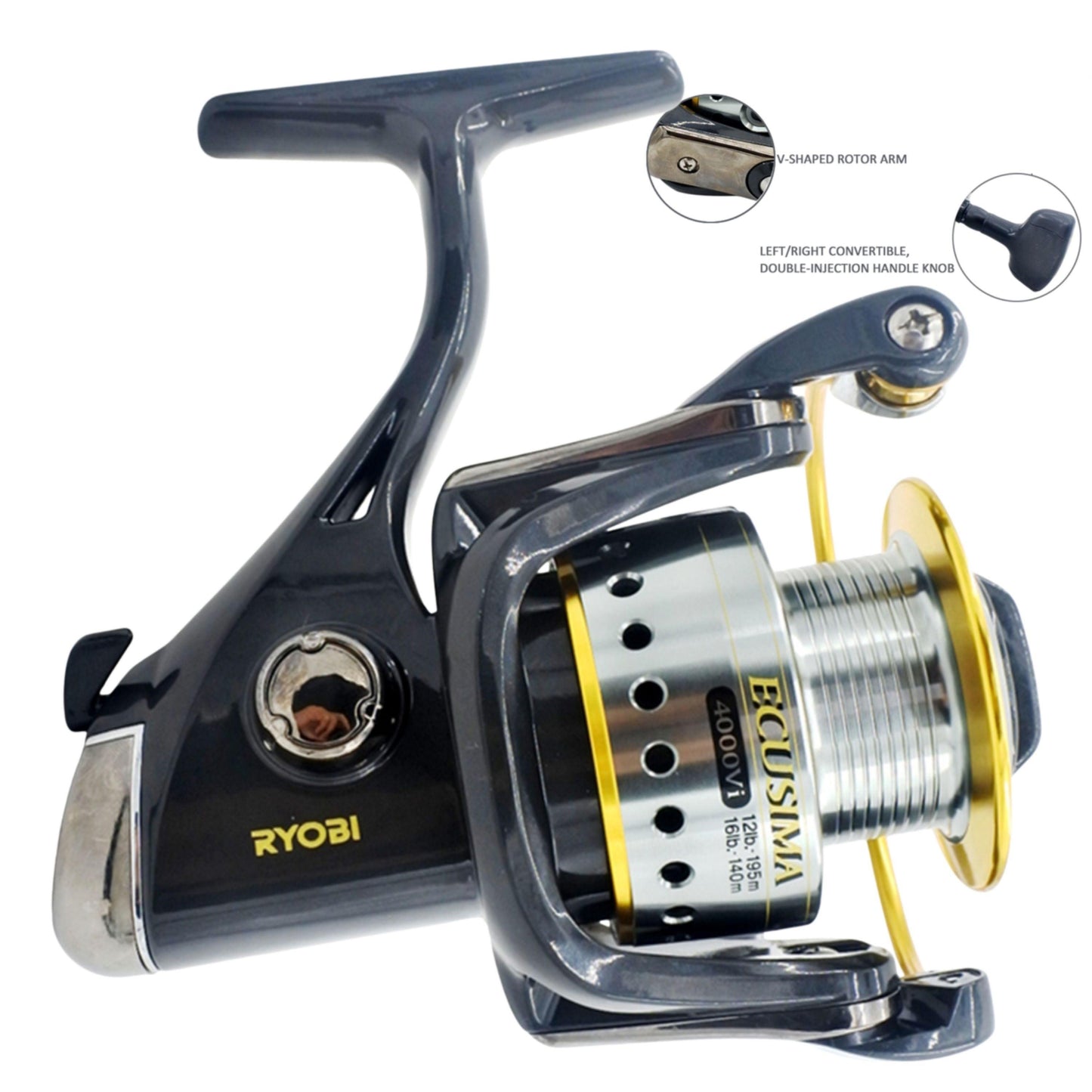 Black spinning fishing reel with gold spool and rotor arm, close-up