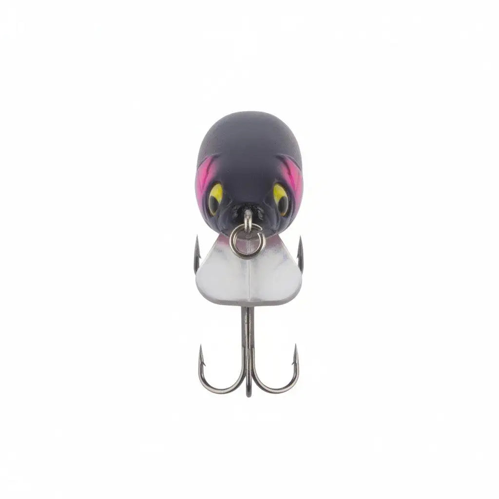 Dark front-facing minnow lure with metal diving lip, yellow eyes, and treble hooks