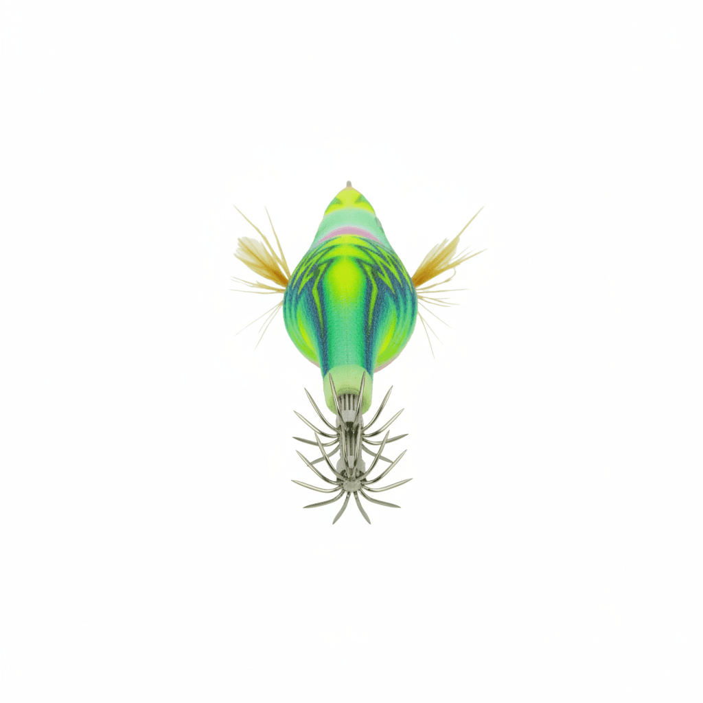 Squid jig lure top view with tentacles, neon green and pink fins, double hook