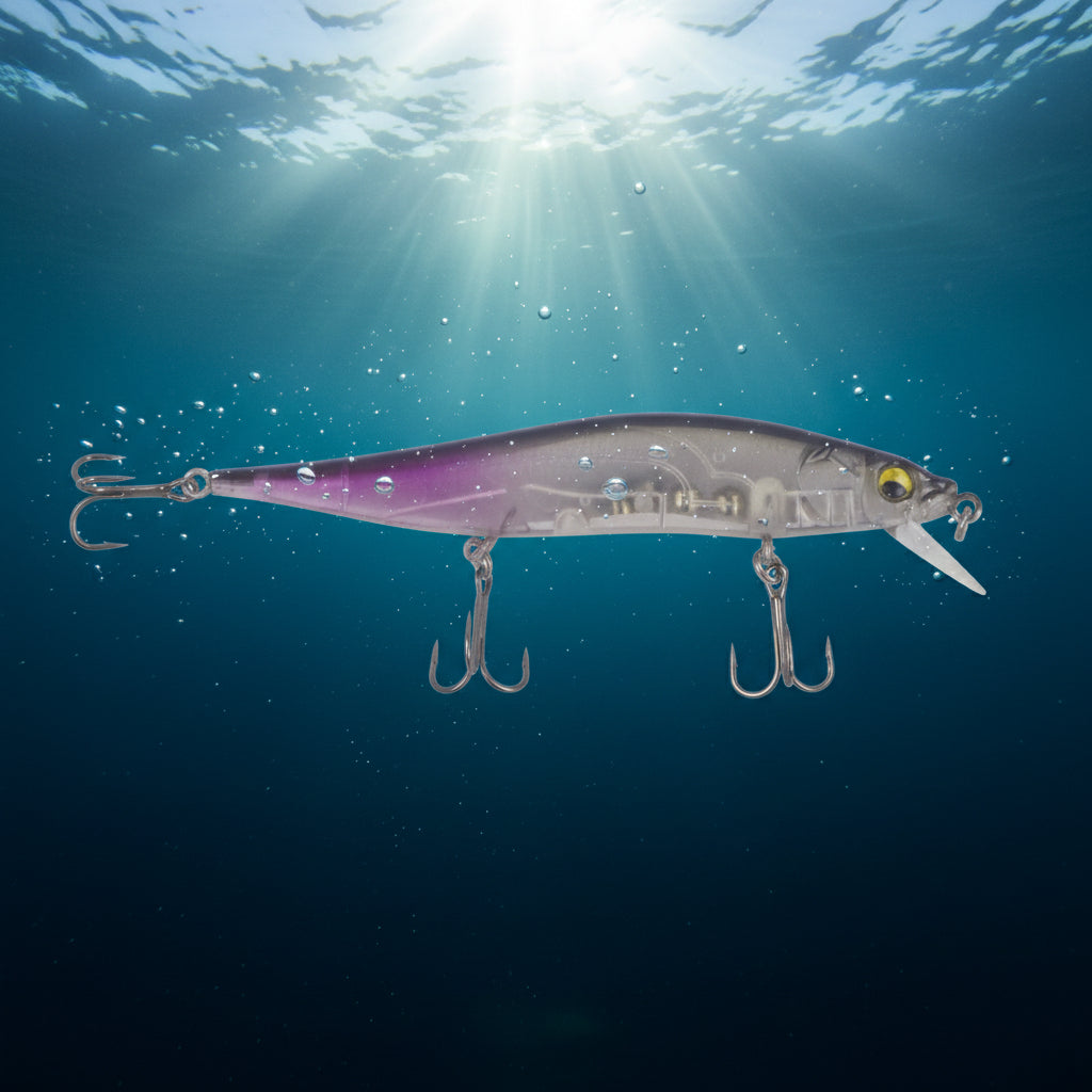 Hard body floating minnow lure, clear body with purple side, three treble hooks