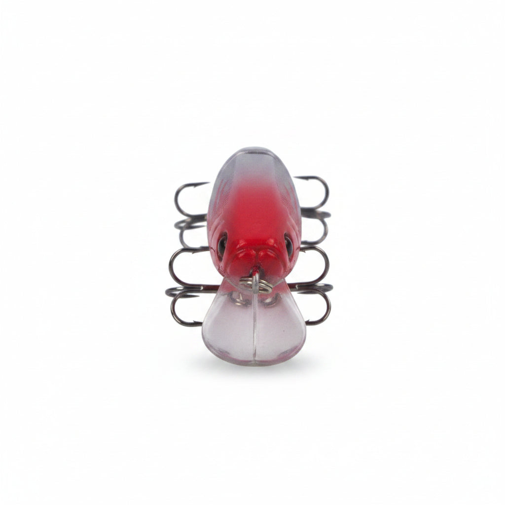 Hard body swimbait lure, red top and clear body with two treble hooks