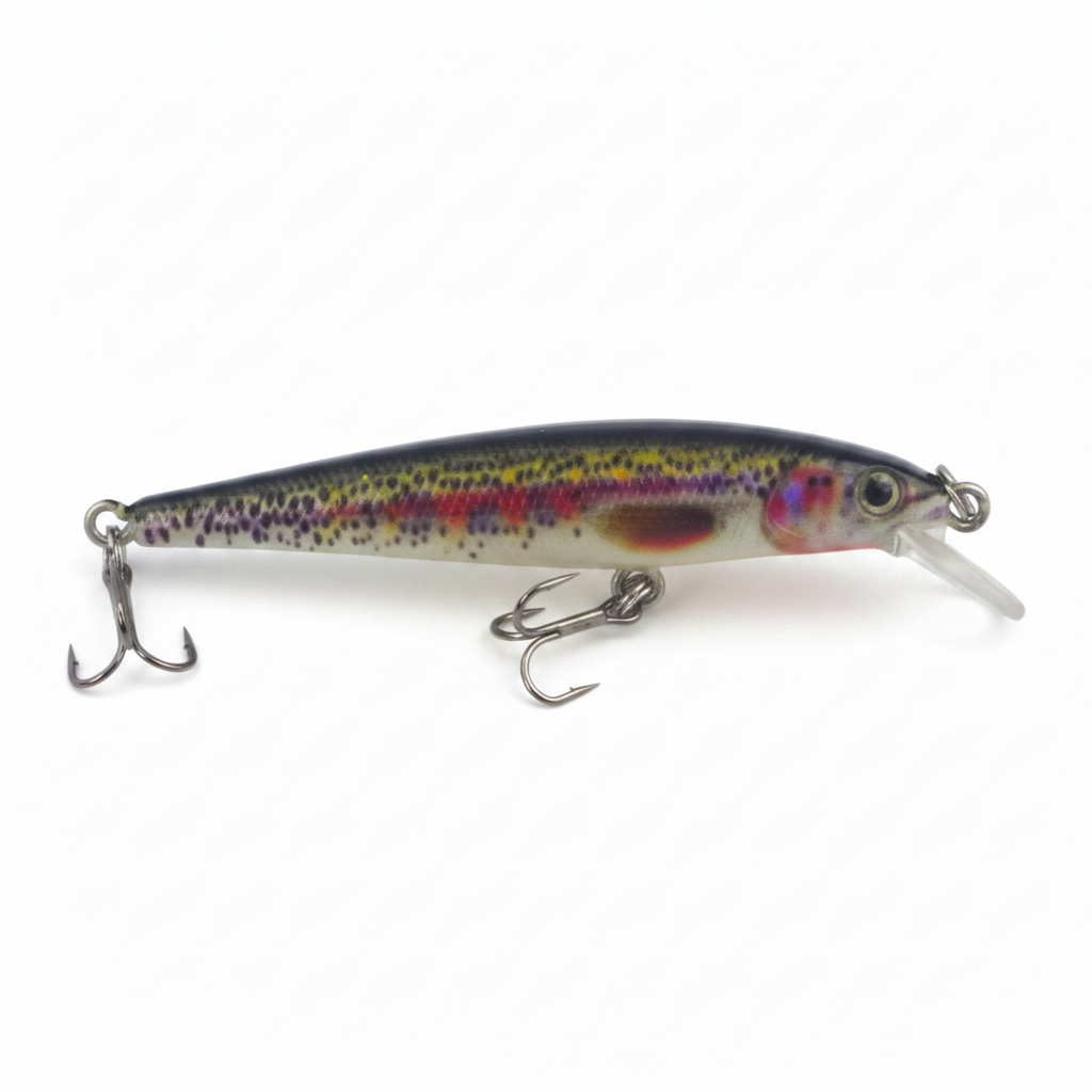 Rainbow hard body crankbait with two treble hooks and diving lip