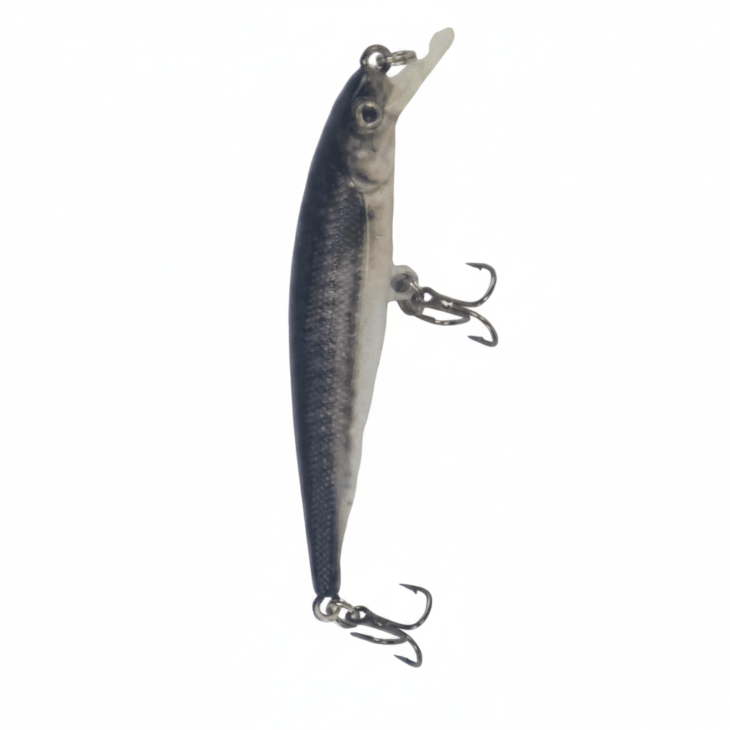Diving fishing lure profile, dark blue back and silver belly with treble hooks