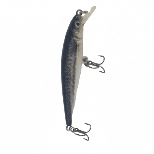 Diving fishing lure profile, dark blue back and silver belly with treble hooks