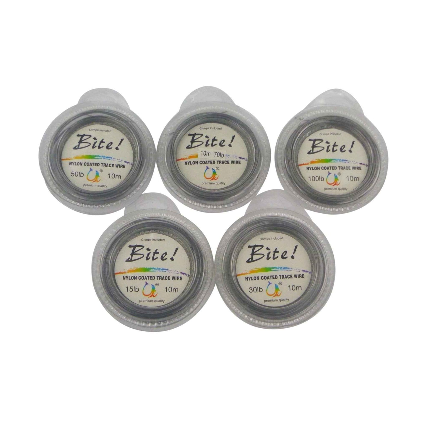 Set of nylon coated trace wire leader spools, Bite! 10m in 15lb,30lb,50lb,70lb,100lb