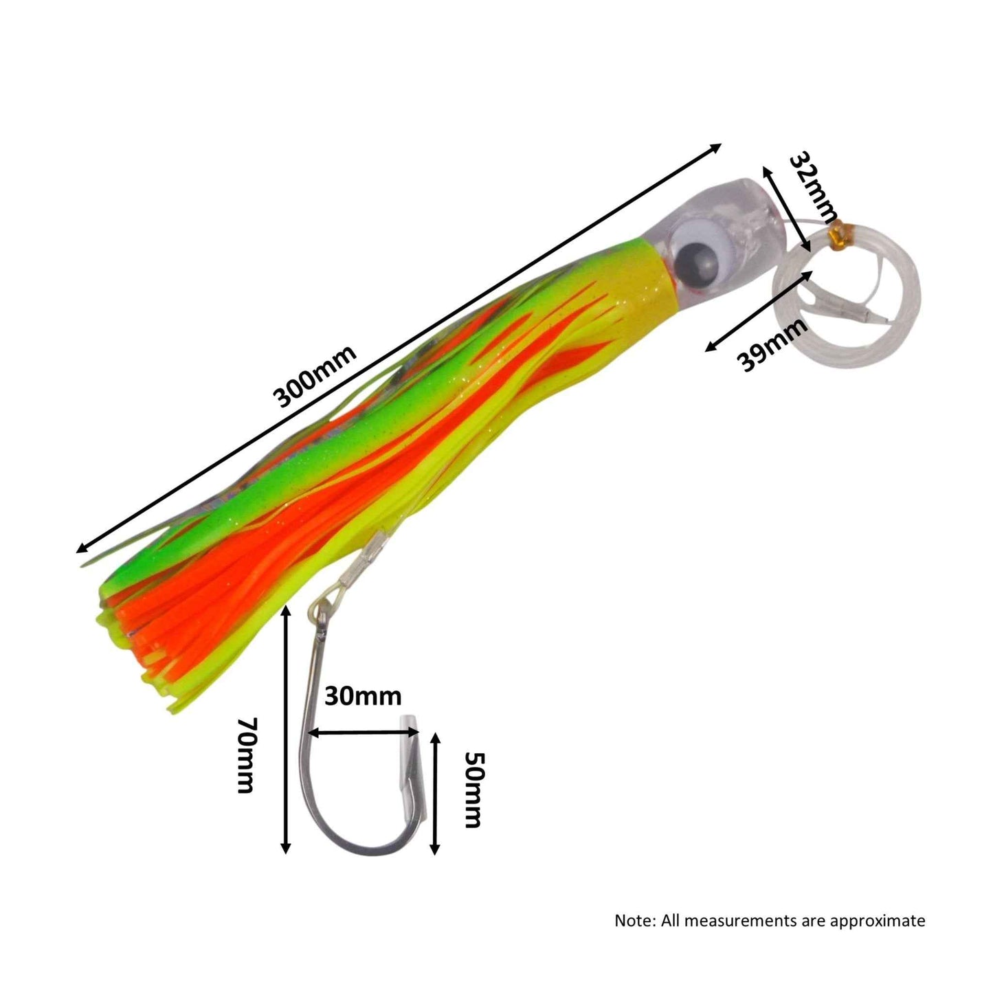 Fishing lure with multicolor skirt, clear head, and metal hook ring