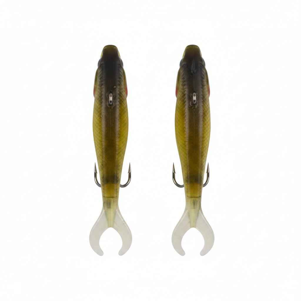 Pair of olive-green topwater fishing lures, front view with metal eye and single hooks