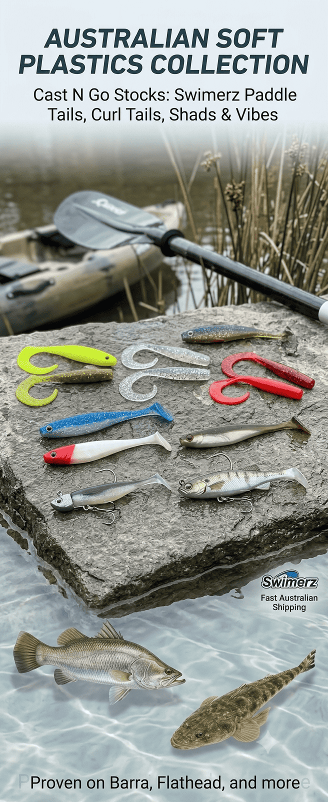 Soft plastic fishing lures collection – paddle tails, worms and shads for barra, flathead and bass – Cast N Go