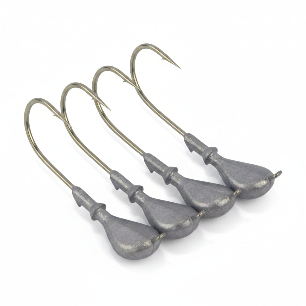 Soft plastic jig heads with curved hooks and gray flat lead heads, 4 pack