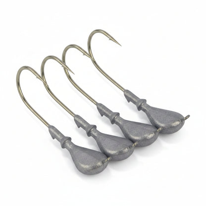 Soft plastic jig heads with curved hooks and gray flat lead heads, 4 pack