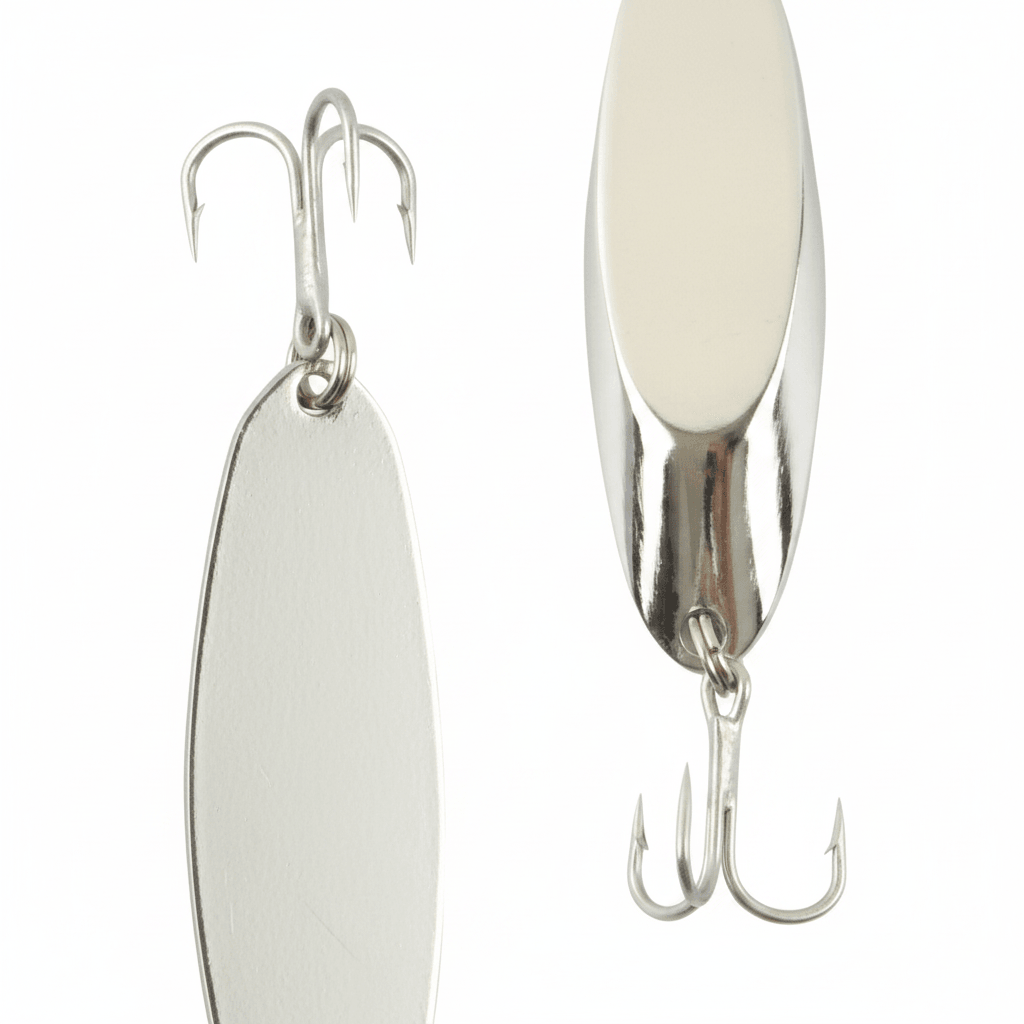 Chrome fishing lure jig with light oval body and two treble hooks