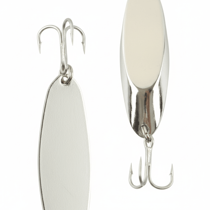 Chrome fishing lure jig with light oval body and two treble hooks