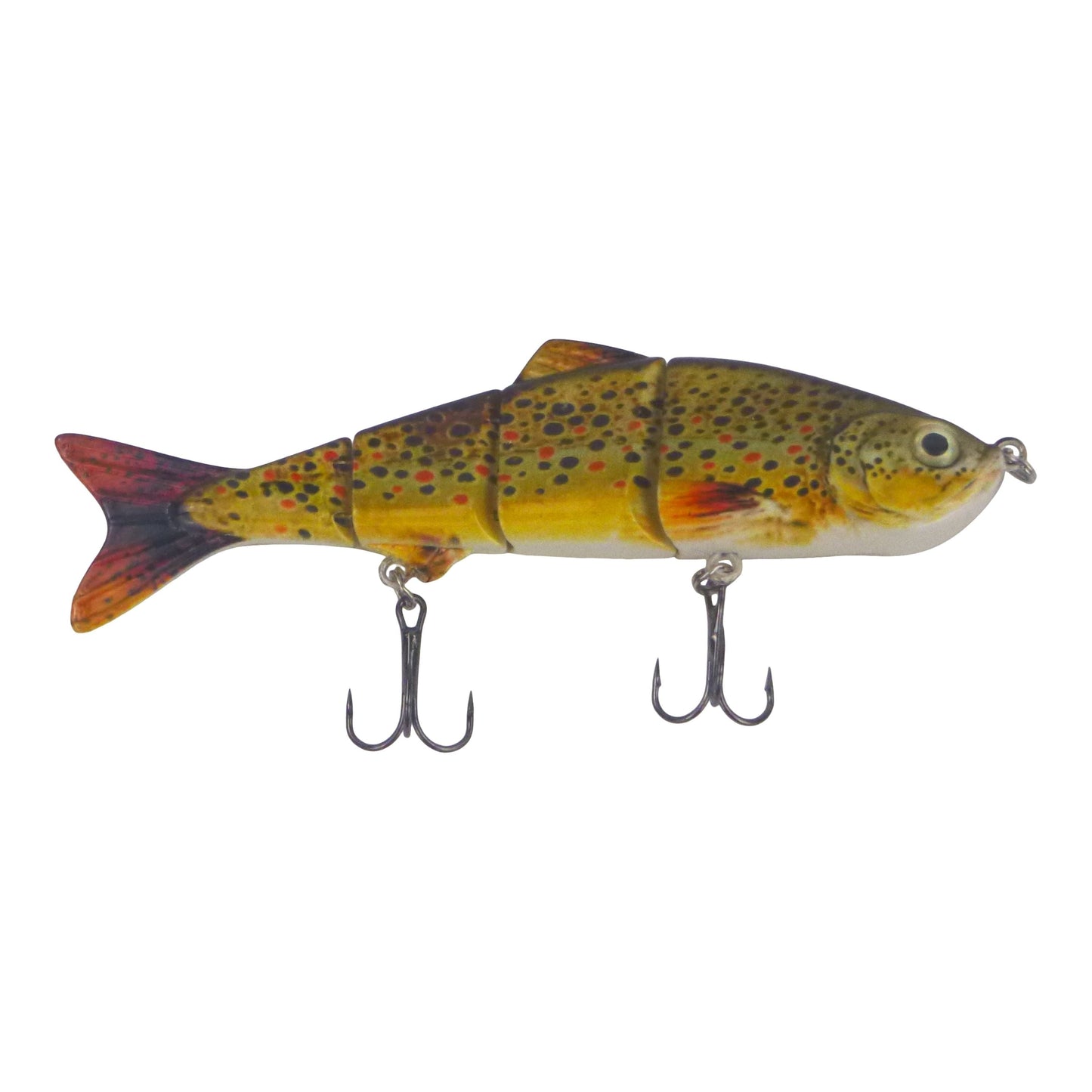 4-segment hard body swimbait lure, speckled brown-trout pattern, two treble hooks