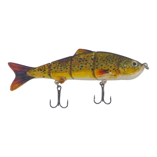 4-segment hard body swimbait lure, speckled brown-trout pattern, two treble hooks