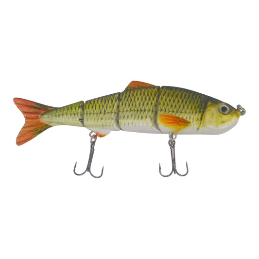 Carp swimbait lure with olive-green body, orange fins, and two treble hooks