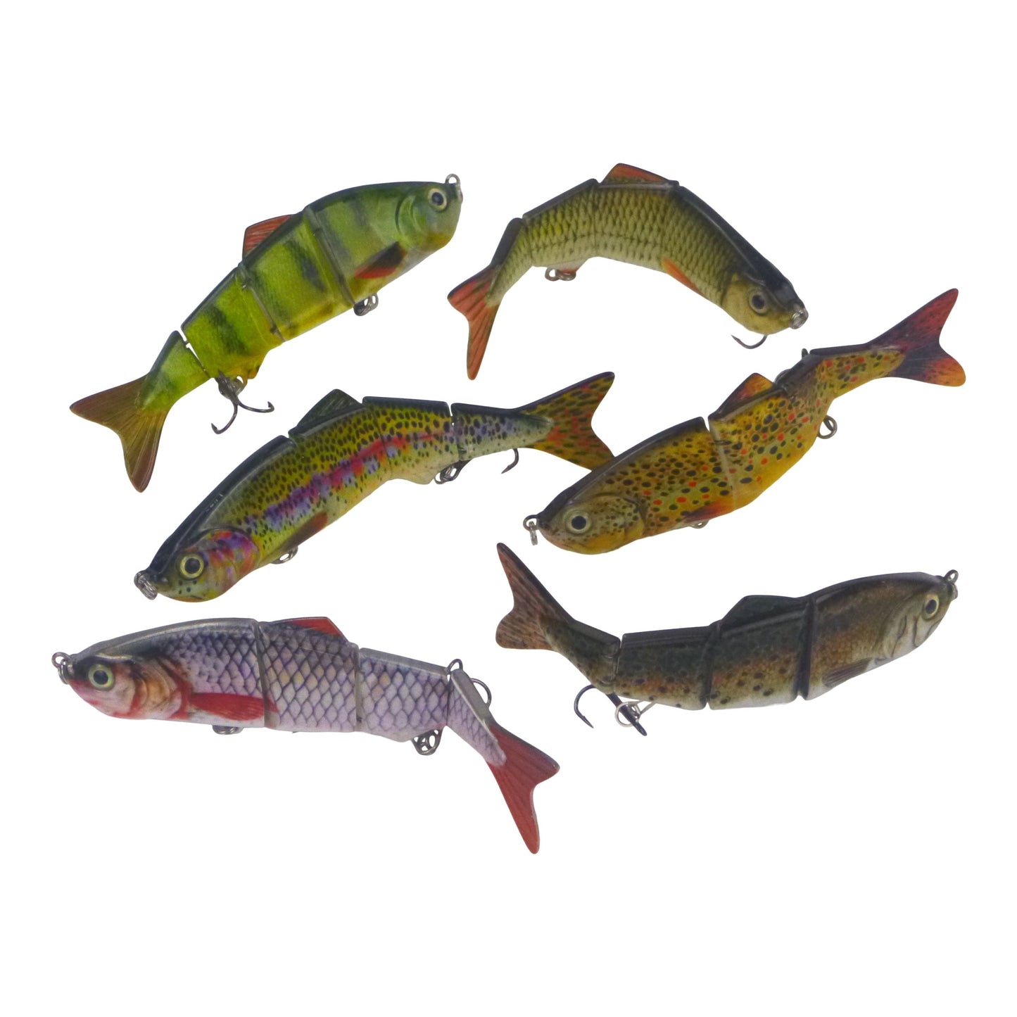 Assorted hard body swimbait lures with treble hooks in mixed colors