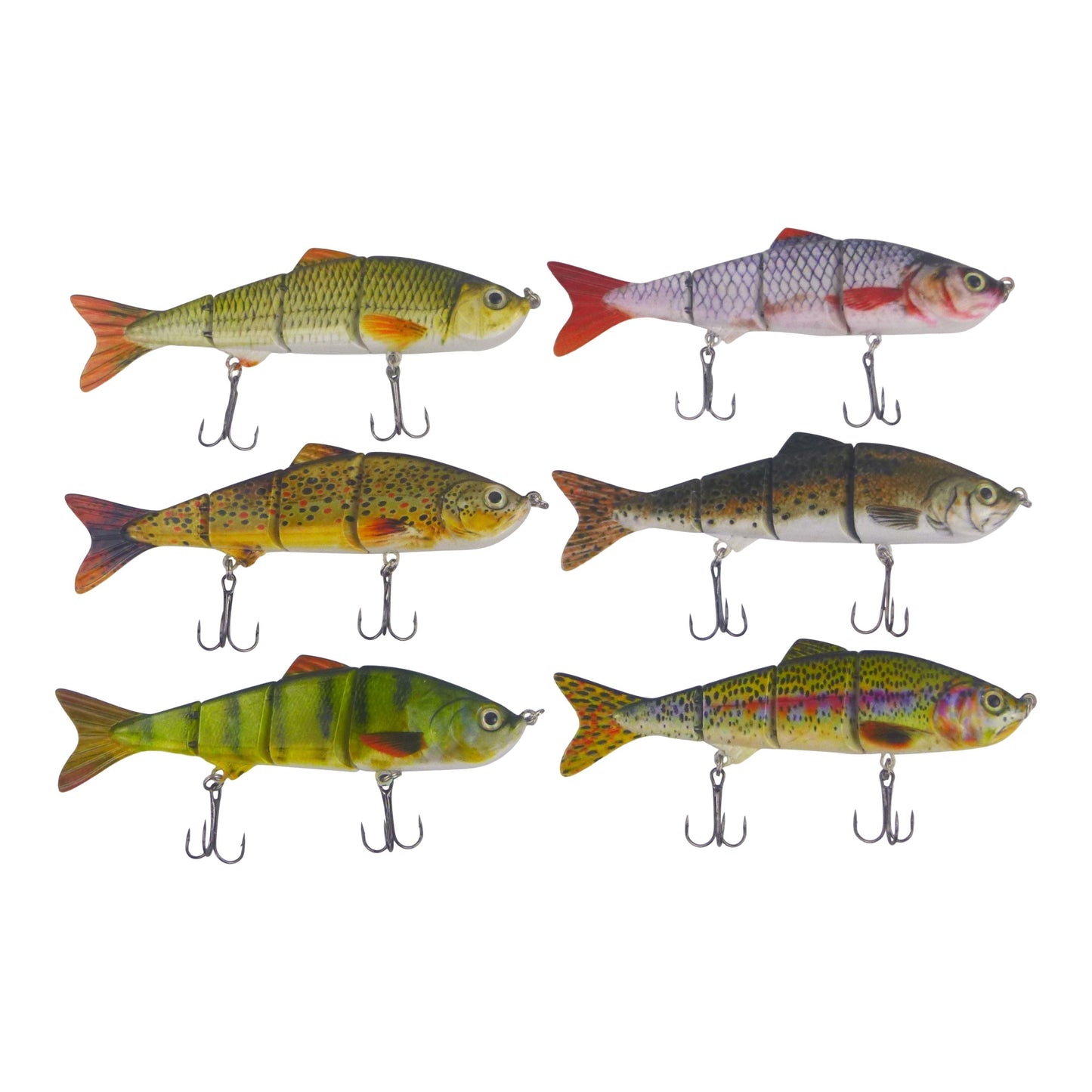 Assorted swimbait lures set with six colors, each with two treble hooks