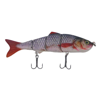 4-segment swimbait lure in silver-blue with red belly, green eye; two treble hooks