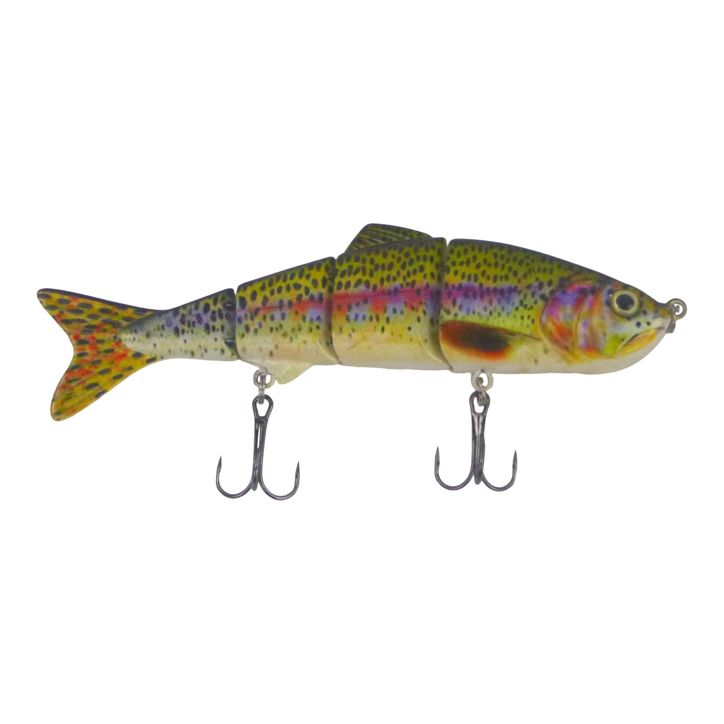 Rainbow 4-segment hard swimbait lure, yellow-green multi-color body with treble hooks