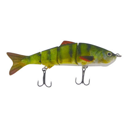Hard body swimbait lure, green segmented fish with red accents and treble hooks