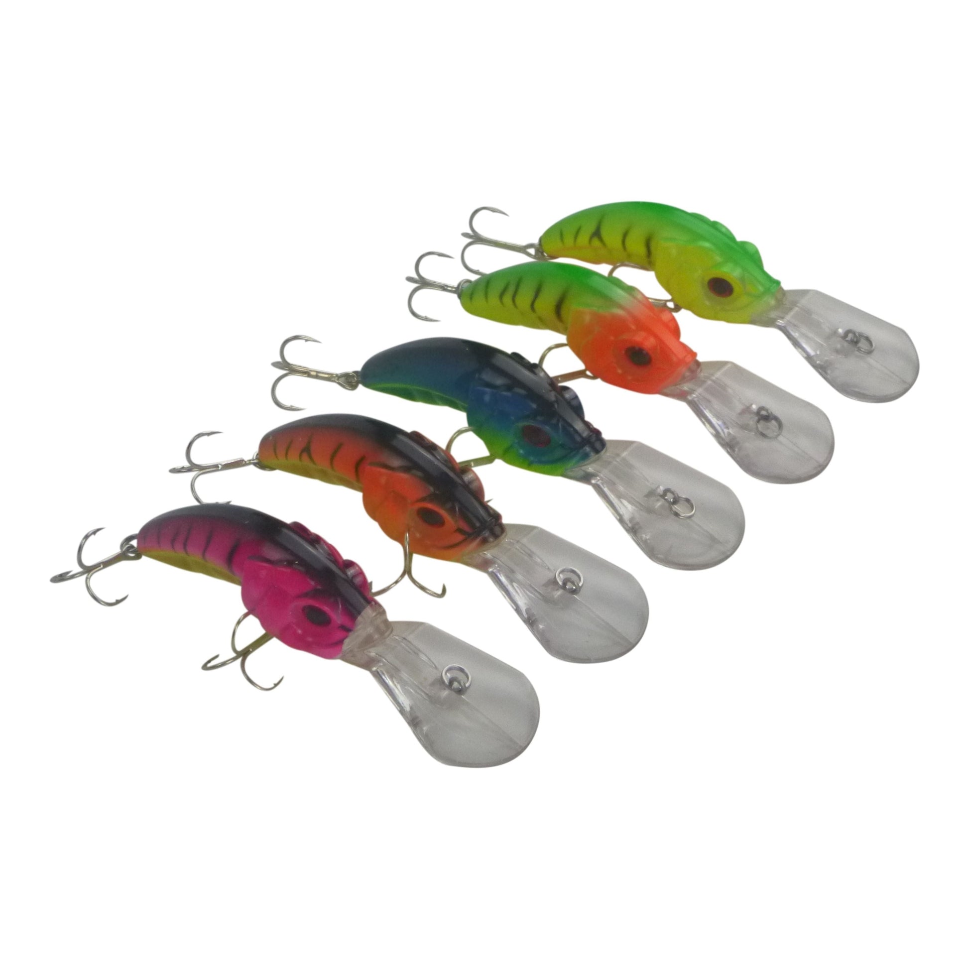 Five hard body deep diver lures with clear diving lips, orange, green, blue, and pink bodies