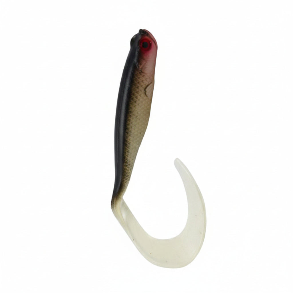 Soft plastic fishing lure with dark-backed olive body, red eye, and white curled V-tail