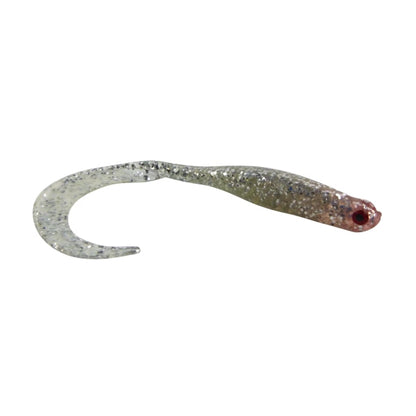 Silver glitter soft plastic fishing lure with red head eye