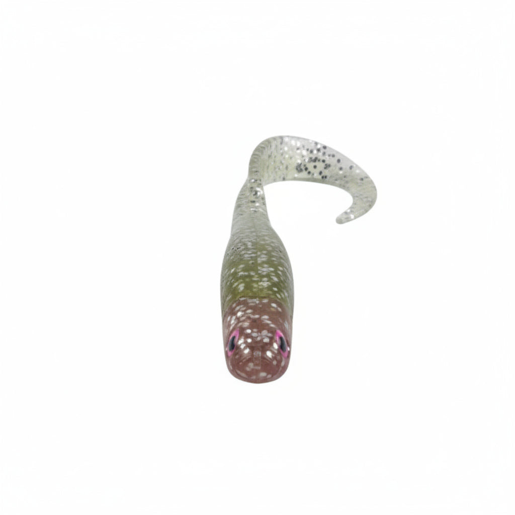 Silver glitter soft plastic fishing lure, curled tail and red gill pattern