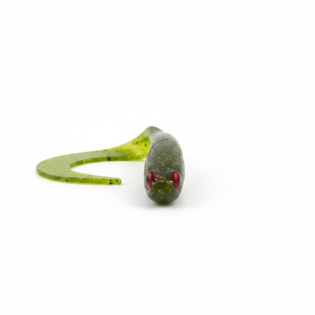 Green glitter soft plastic V-tail fishing lure, round head with red eye