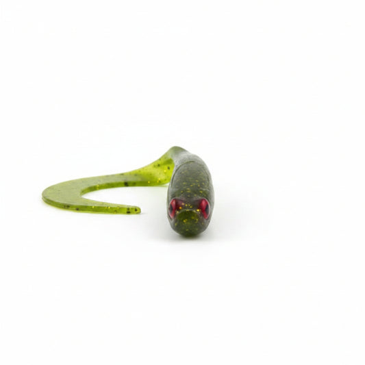 Green glitter soft plastic V-tail fishing lure, round head with red eye
