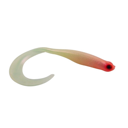 Soft plastic fishing lure, pale green body with red head and curled tail