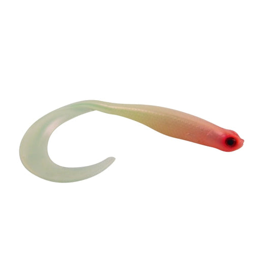 Soft plastic fishing lure, pale green body with red head and curled tail