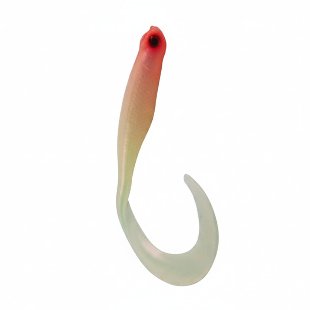 Soft plastic fishing lure, pinkish-beige body with red eye and curled hook tail