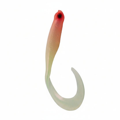 Soft plastic fishing lure, pinkish-beige body with red eye and curled hook tail