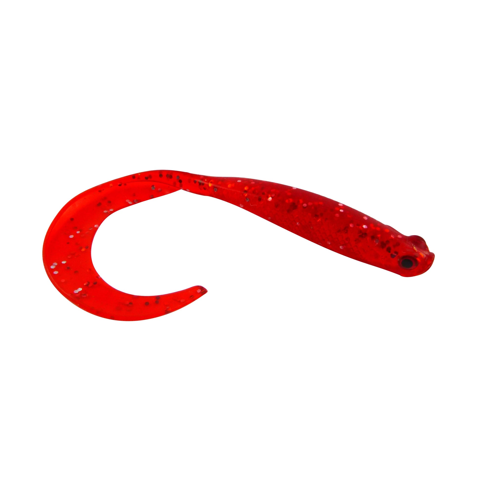 Soft plastic fishing lure, red glitter V-tail with forked end and small eye spot