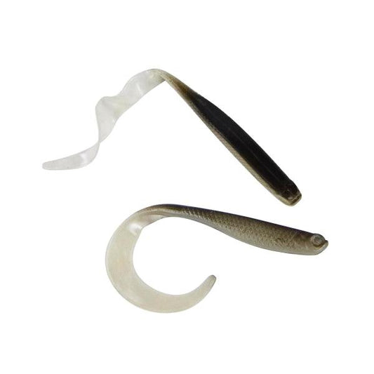 Soft plastic V-tail fishing lure, dark body with pale tail, 8-pack