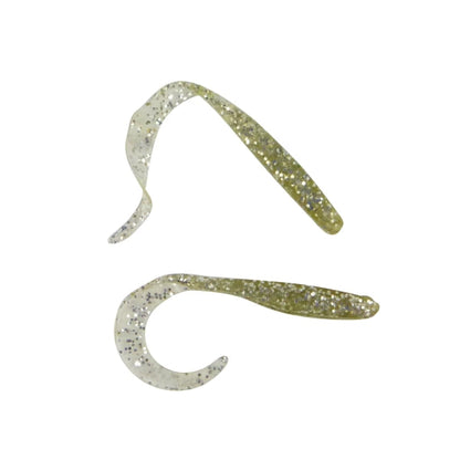 Soft plastic fishing lure, speckled light gray body with olive green tail