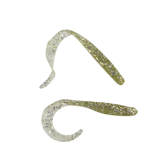 Soft plastic fishing lure, speckled light gray body with olive green tail