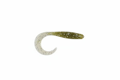 Soft plastic fishing lure, curled speckled light gray body with olive green tail