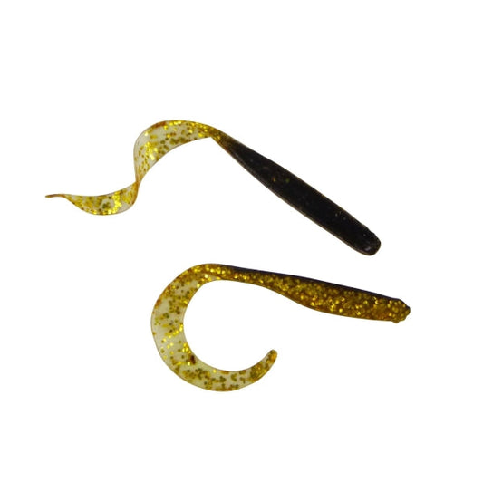 Soft plastic V-tail fishing lure, glittery gold-green with dark tail tip