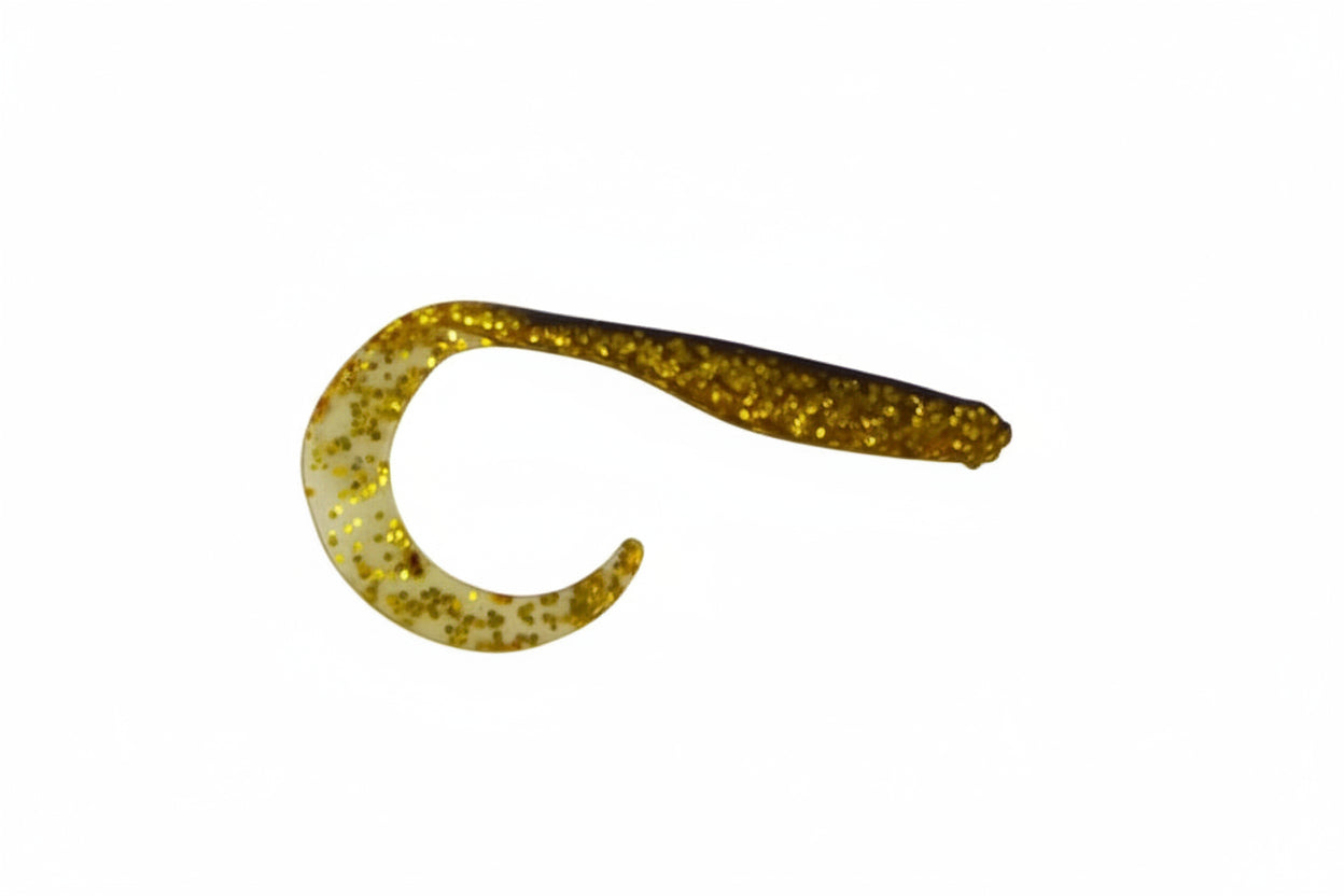 Soft plastic V-tail fishing lure, speckled gold-green body with curved V tail