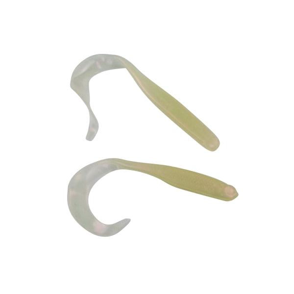 Soft plastic V-tail fishing lure, pale green with translucent tail