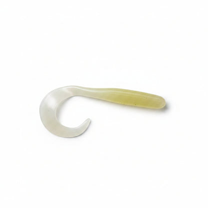 Soft plastic V-tail fishing lure, pale green body with translucent curl tail