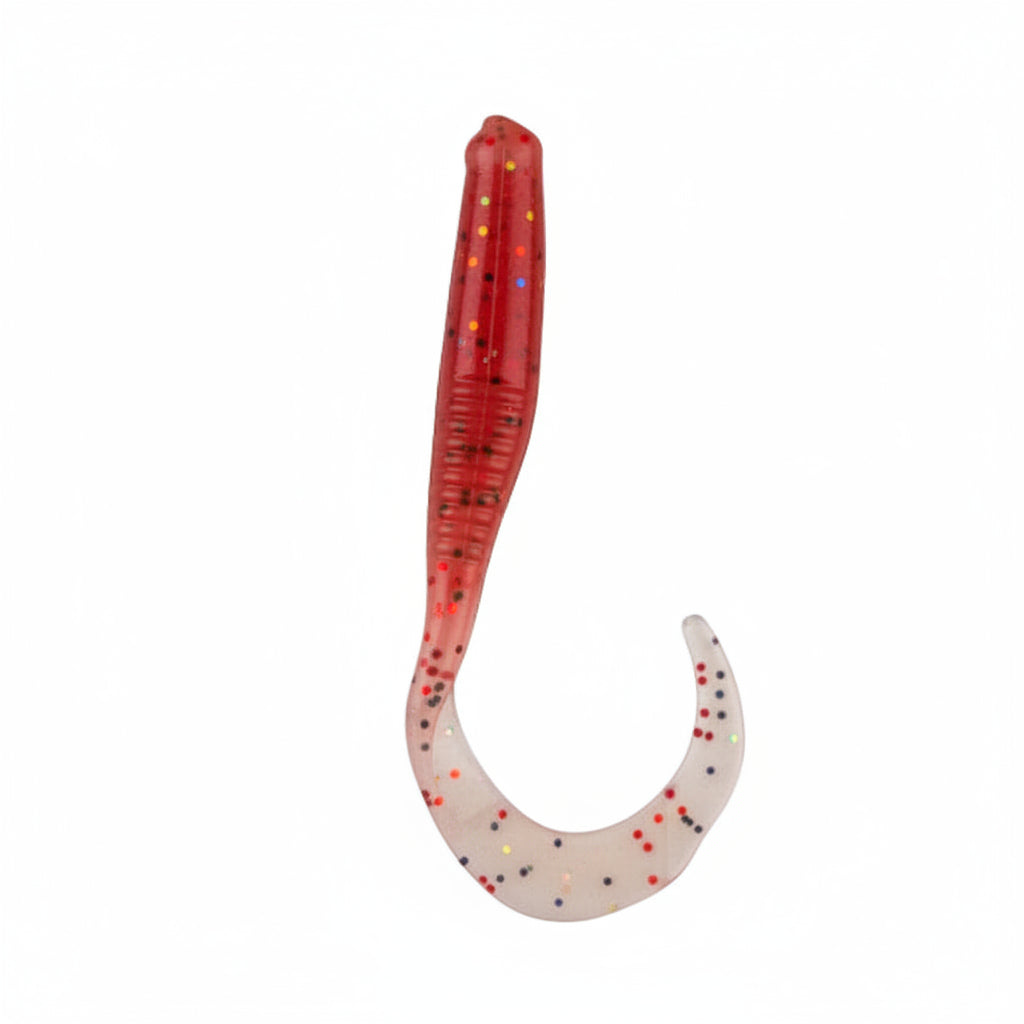 75mm V-tail soft plastic lure, red body with white tail, speckled calamari pattern