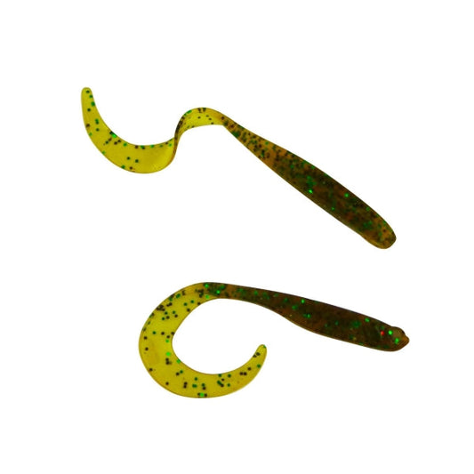 Soft plastic fishing lure, yellow-green grub with curly tail and dark speckles.