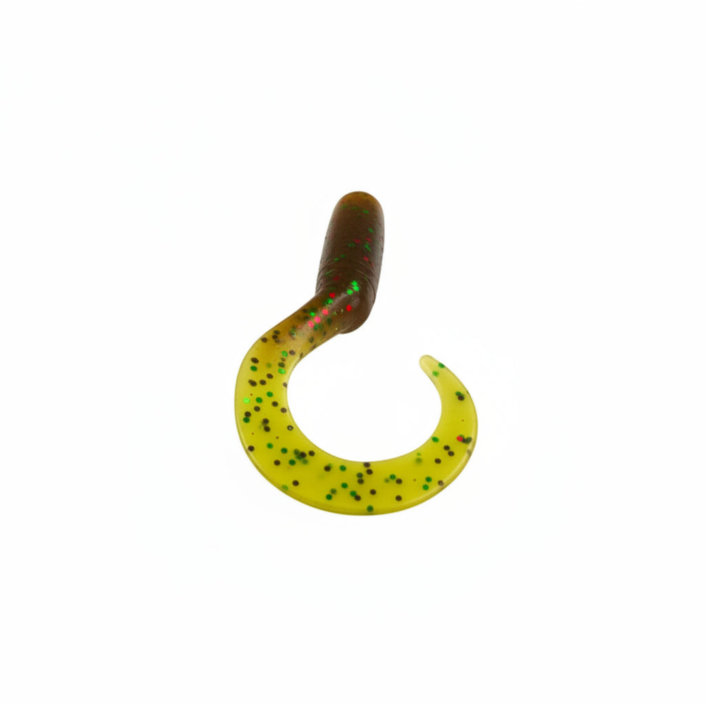 Soft plastic fishing lure, yellow-green curled body with darker head and speckles.