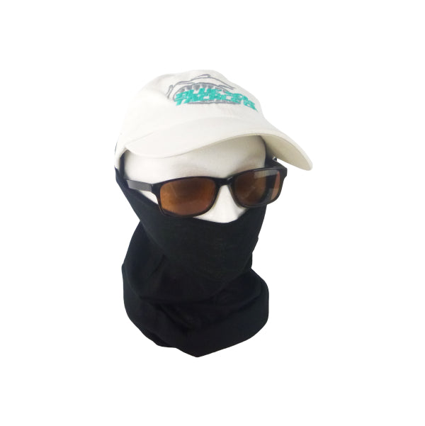 Black head sock balaclava covering face and neck, with a white cap