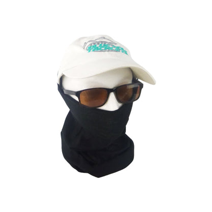 Black head sock balaclava covering face and neck, with a white cap